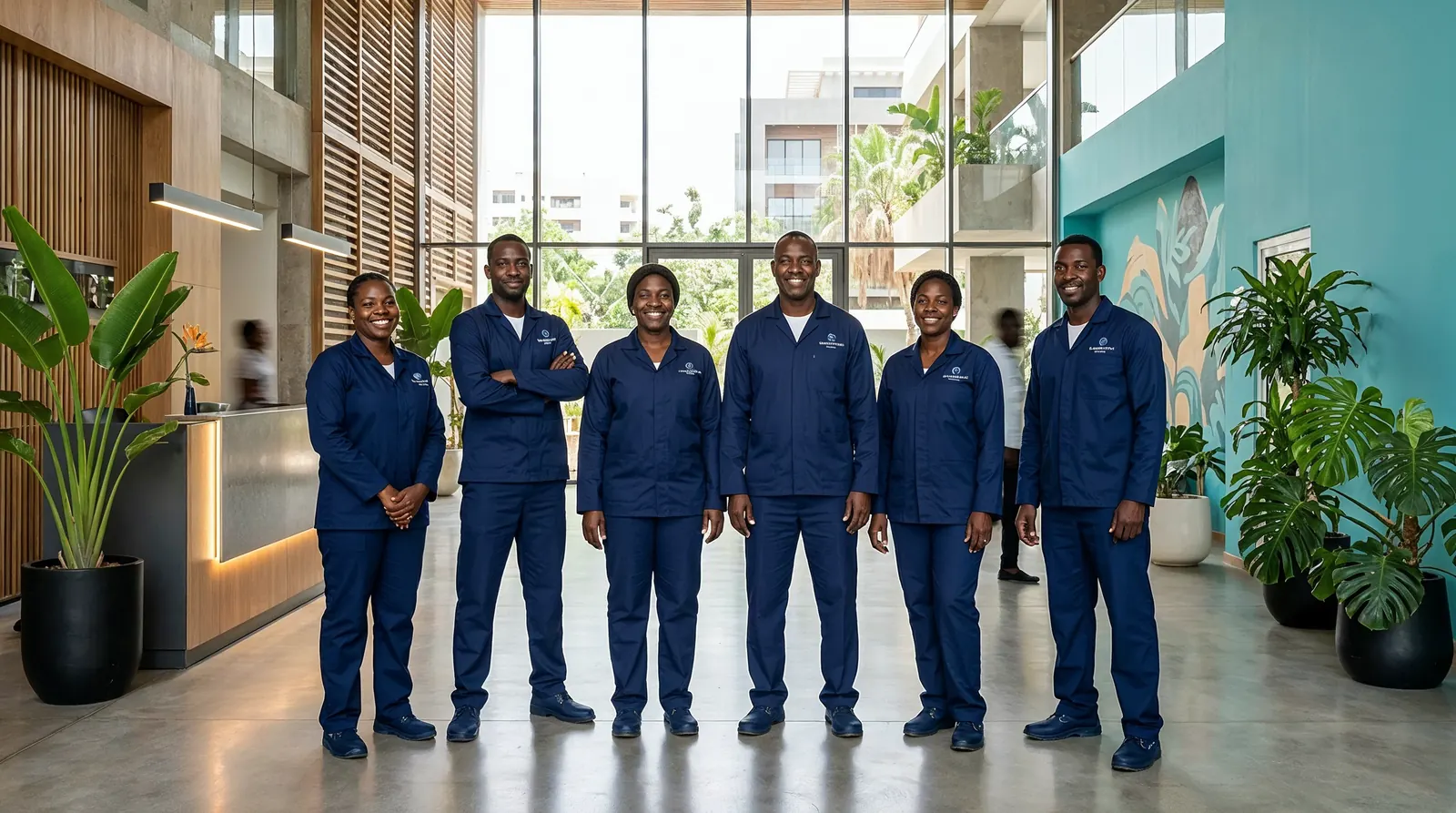 Équipe d'ICLEAN DAKAR en tenue professionnelle dans un hall de bureaux à Dakar
