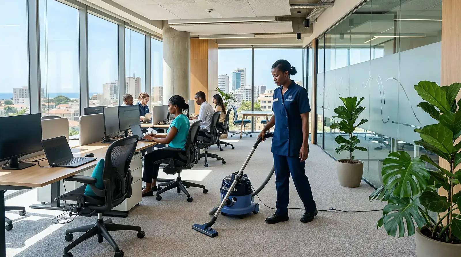 Agent de nettoyage passant l'autolaveuse dans un open space de bureaux à Dakar