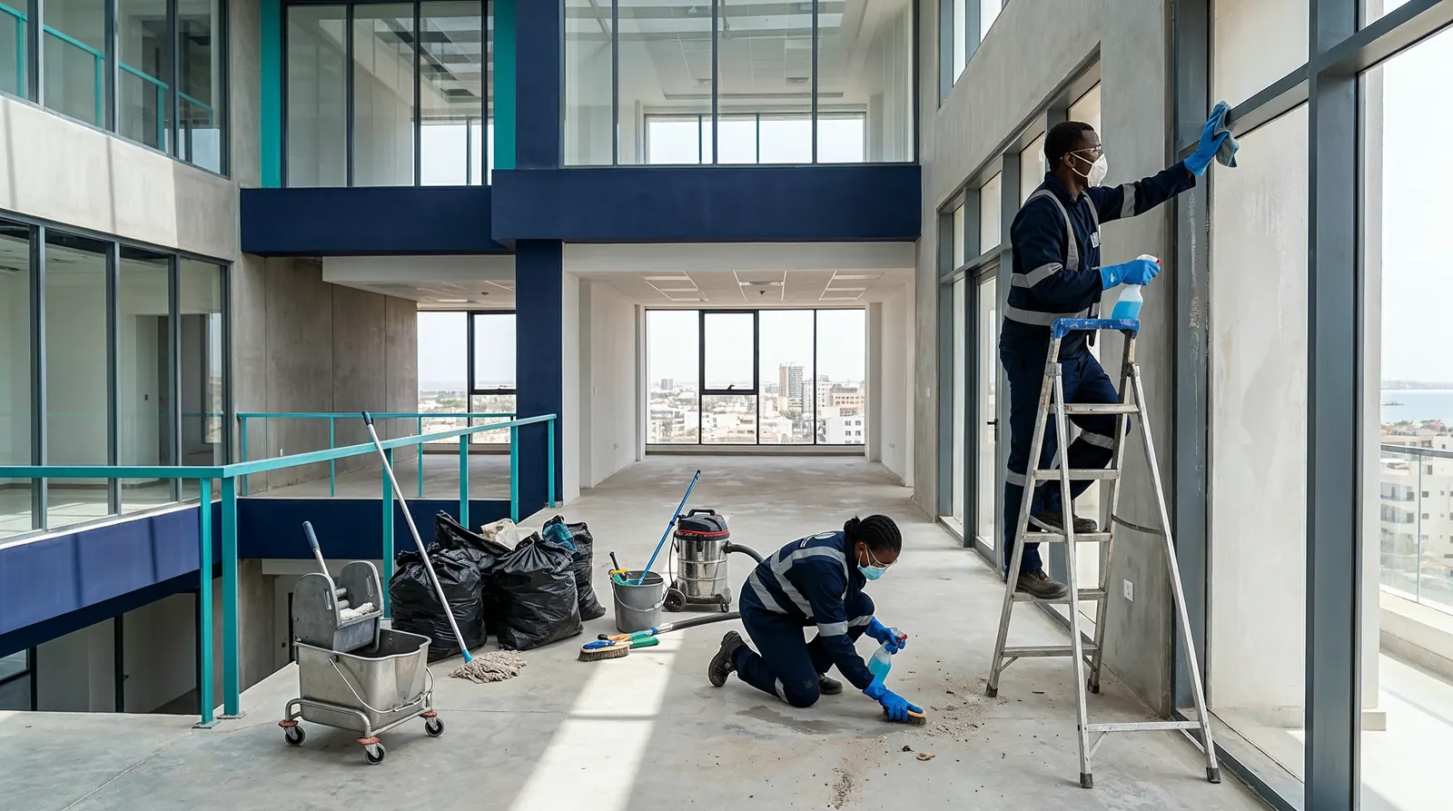 Équipe de nettoyage effectuant une remise en état après travaux dans un bâtiment neuf à Dakar