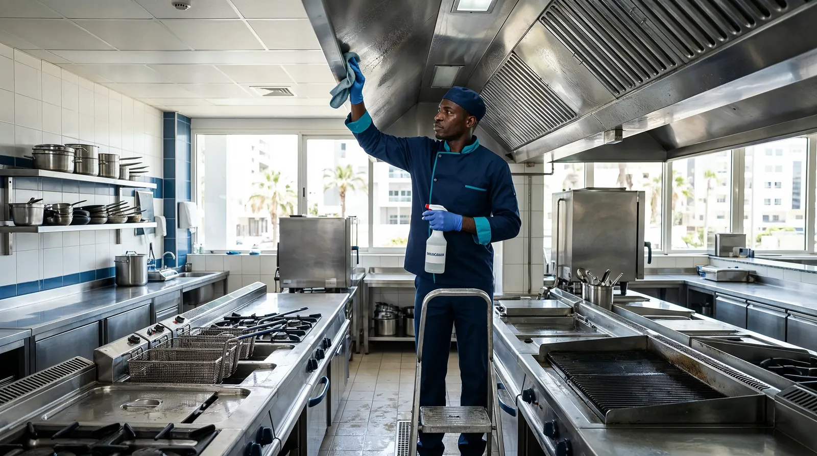 Agent de nettoyage dégraissant une cuisine professionnelle en inox d'un restaurant à Dakar