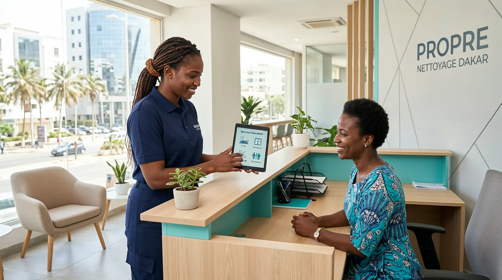 Agent d'ICLEAN DAKAR présentant une proposition de service à un client dans un hall de bureau