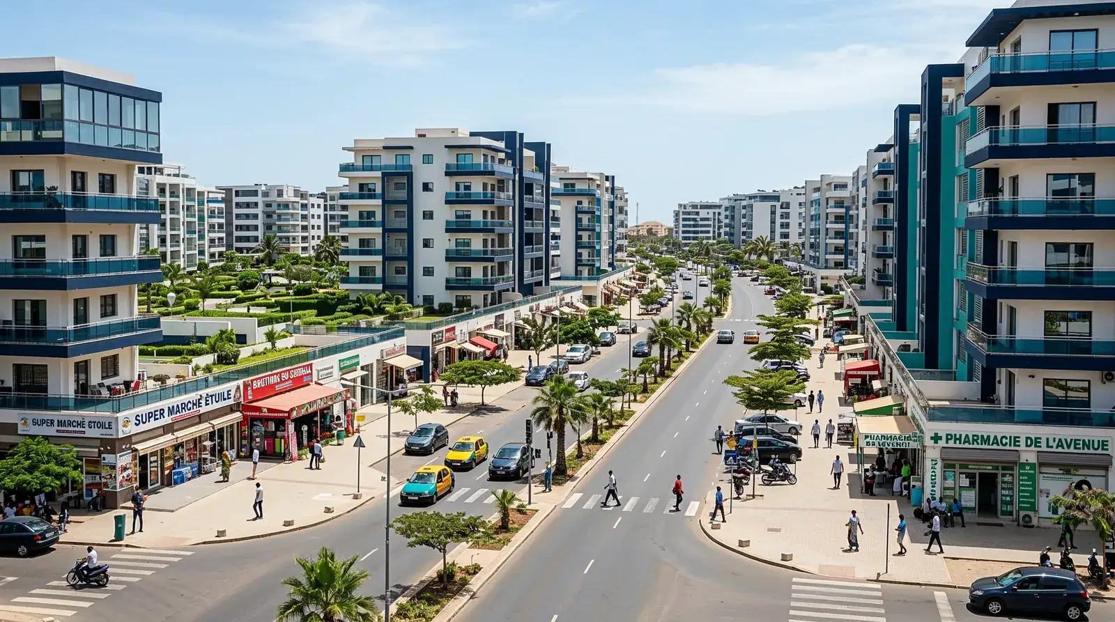 Immeubles résidentiels et avenues du quartier des Parcelles Assainies à Dakar