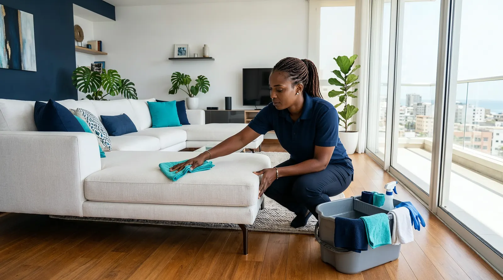 Agent de nettoyage professionnel nettoyant un salon d'appartement lumineux à Dakar