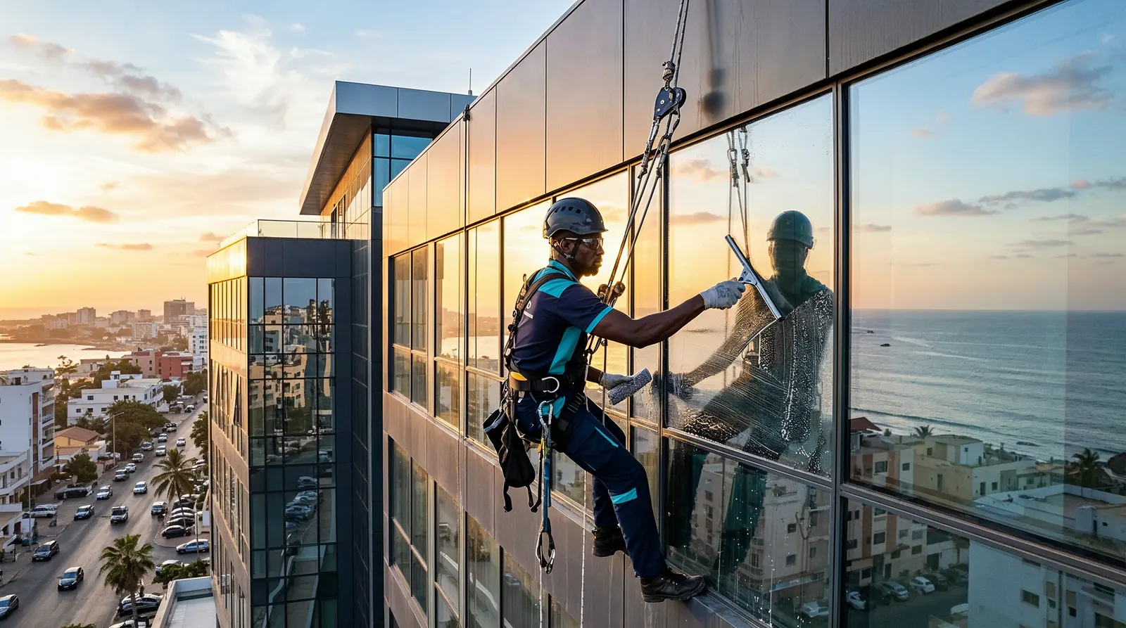 Technicien de nettoyage lavant une grande façade vitrée de bâtiment à Dakar