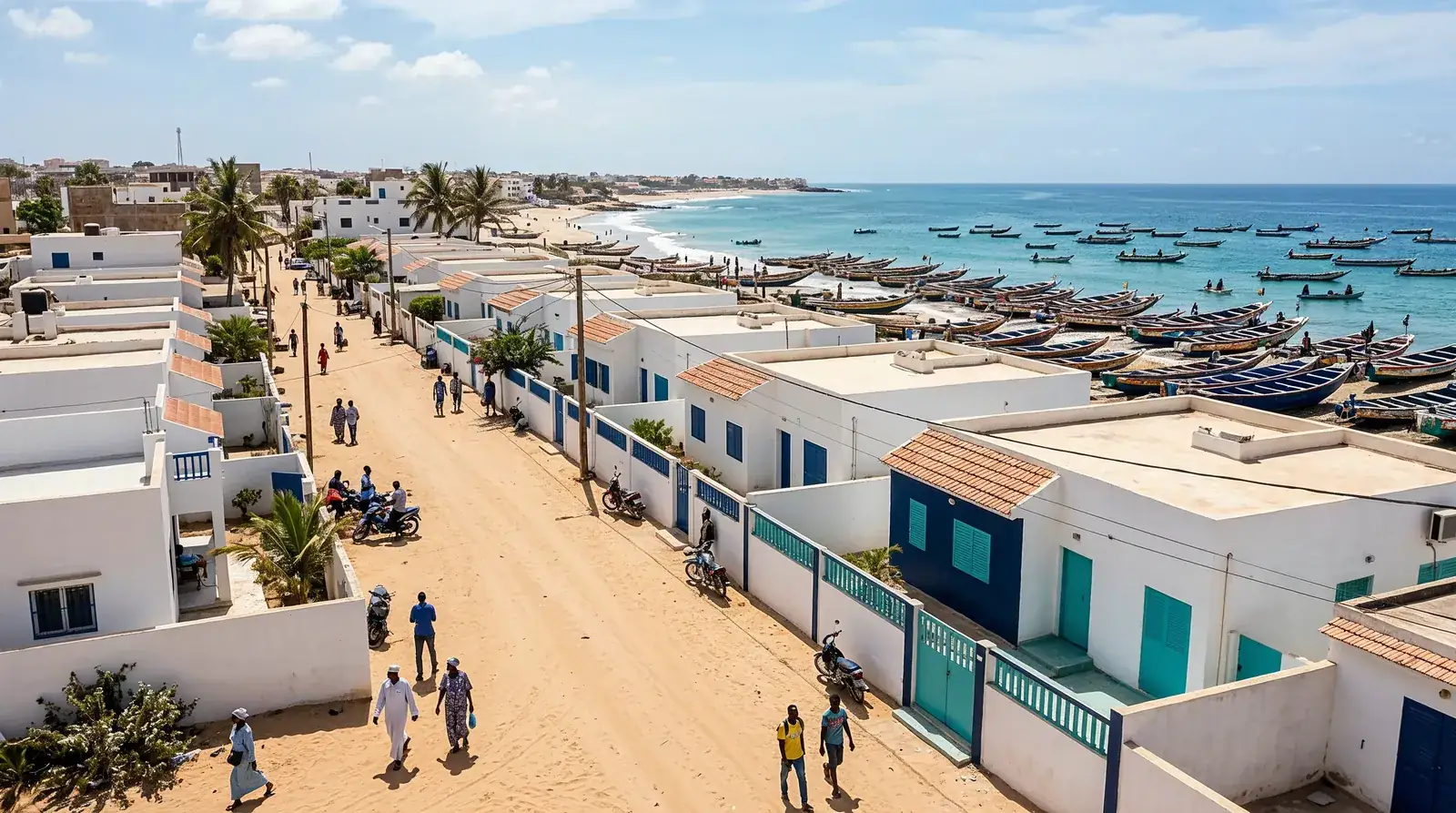 Maisons basses et rues sableuses du quartier de Yoff à Dakar, près de l'océan